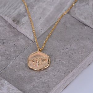 Gold Coin Necklace [18K Plated On .925 Sterling Silver] "Sweet Honey Bee" Charm Pendant